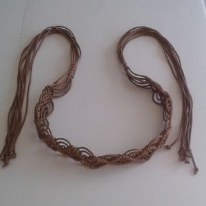 Vintage Brown Boho Leather Crochet macrame belt.